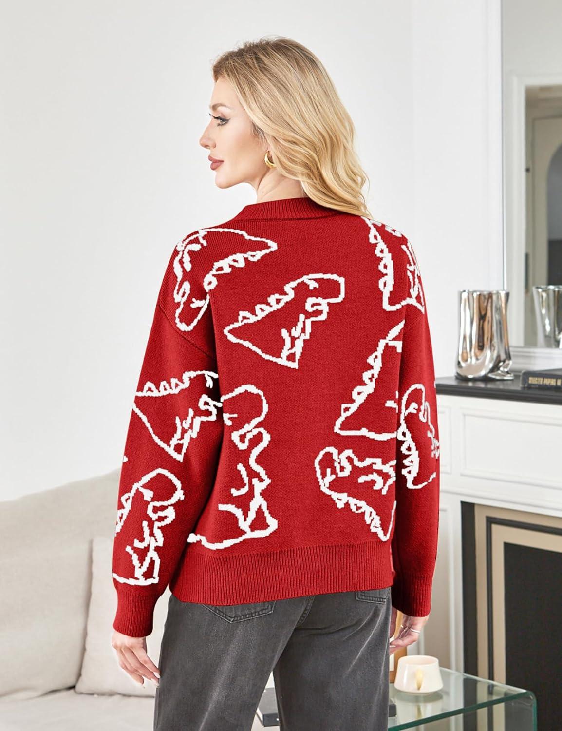 Arssm Dinosaur Sweater Women y2k Vintage Oversized Graphic Streetwear Knit Sweater Casual Cute Kawaii Tops(Red)