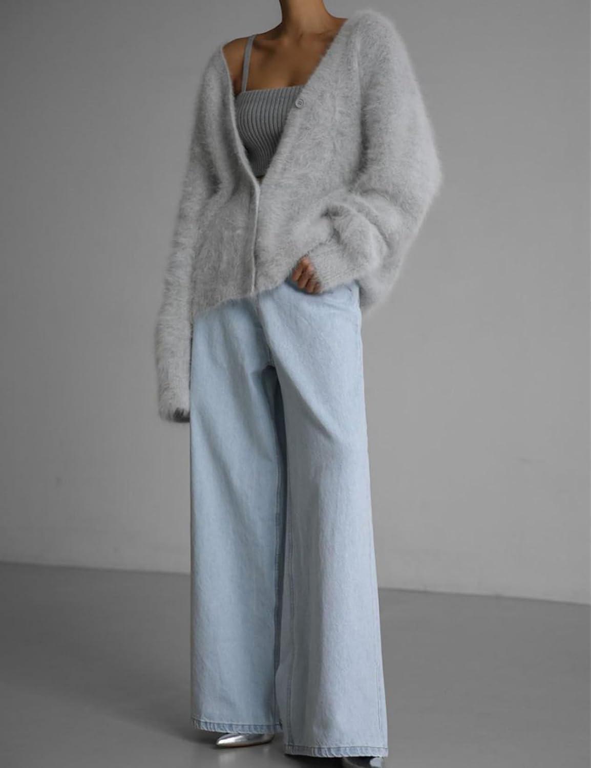 Arssm Womens Fuzzy Cardigan Sweater V Neck Cardigans Button Down Fluffy Knit Top Fashion 2026 Knitwear(Lightgrey)