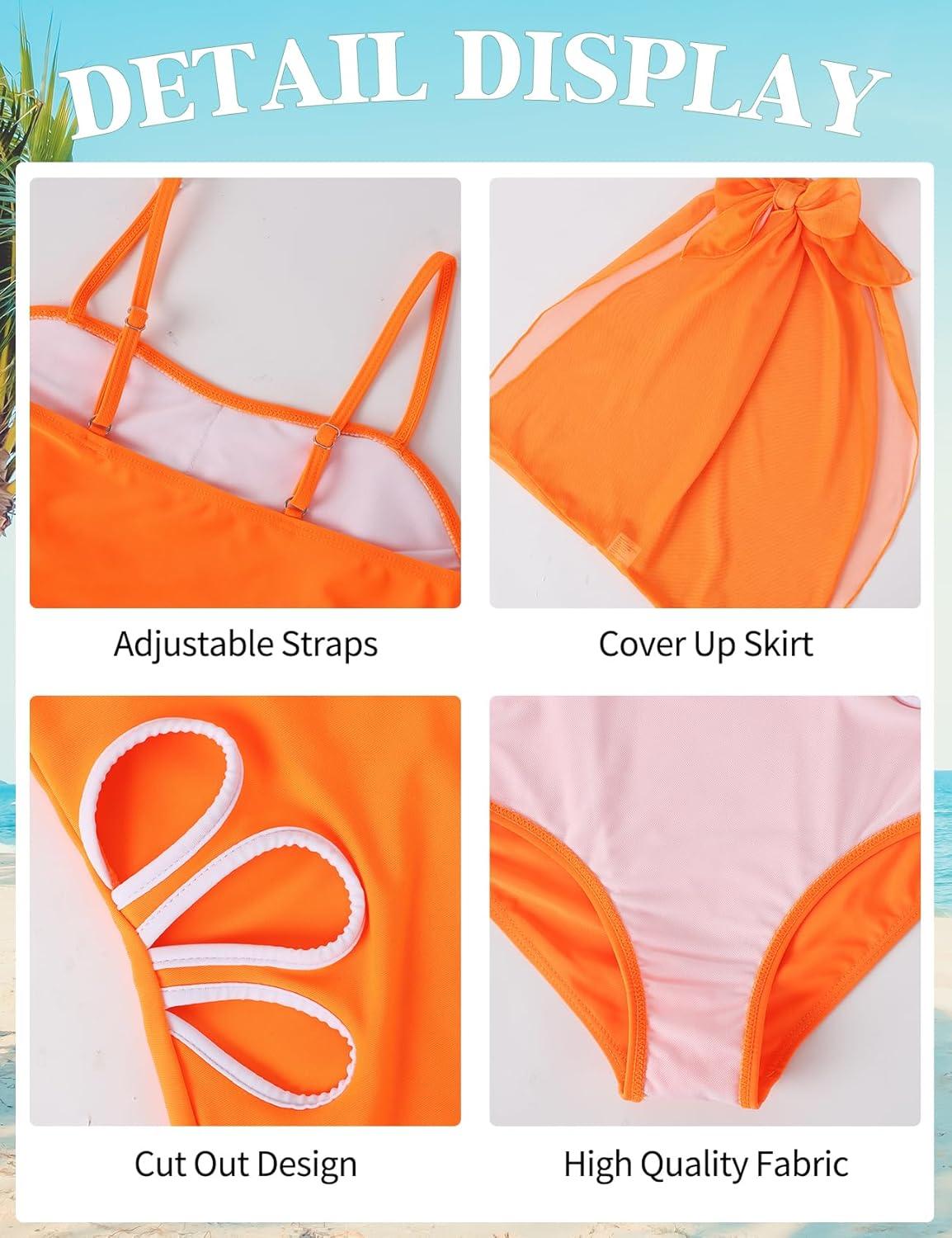 Arssm Girls One Piece Swimsuits Teen Girl Swimsuit Cut Out Bathing Suit with Cover Up Skirt Swimwear 7-16Y(Orange)