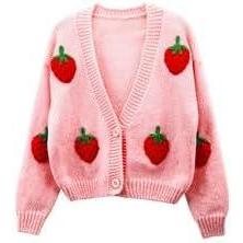 Arssm Women’s Strawberry Embroidery Cardigan Sweater Cute Kawaii Button Down Long Sleeve V Neck Crop Shrug Sweaters(Pink-M)
