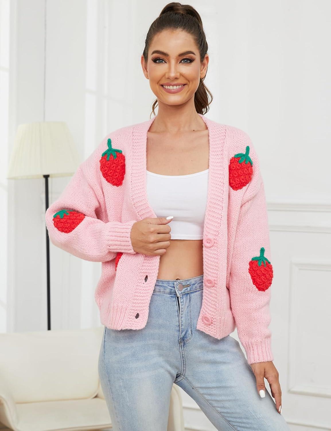 Arssm Women’s Strawberry Embroidery Cardigan Sweater Cute Kawaii Button Down Long Sleeve V Neck Crop Shrug Sweaters(Pink-M)