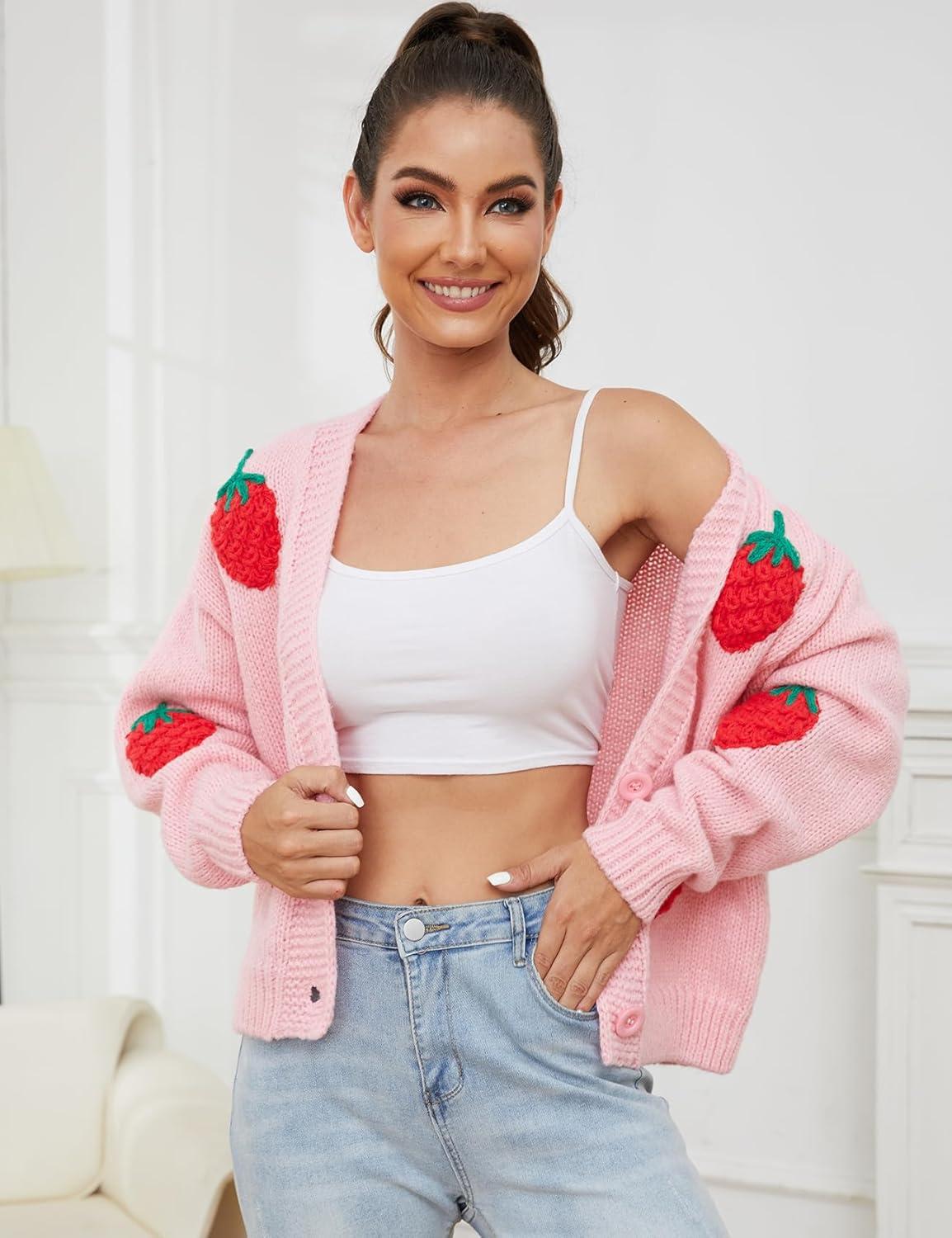 Arssm Women’s Strawberry Embroidery Cardigan Sweater Cute Kawaii Button Down Long Sleeve V Neck Crop Shrug Sweaters(Pink-M)