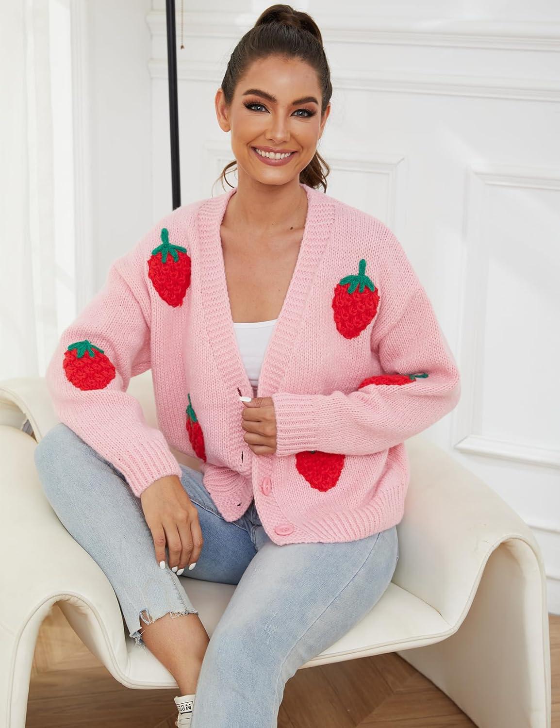 Arssm Women’s Strawberry Embroidery Cardigan Sweater Cute Kawaii Button Down Long Sleeve V Neck Crop Shrug Sweaters(Pink-M)