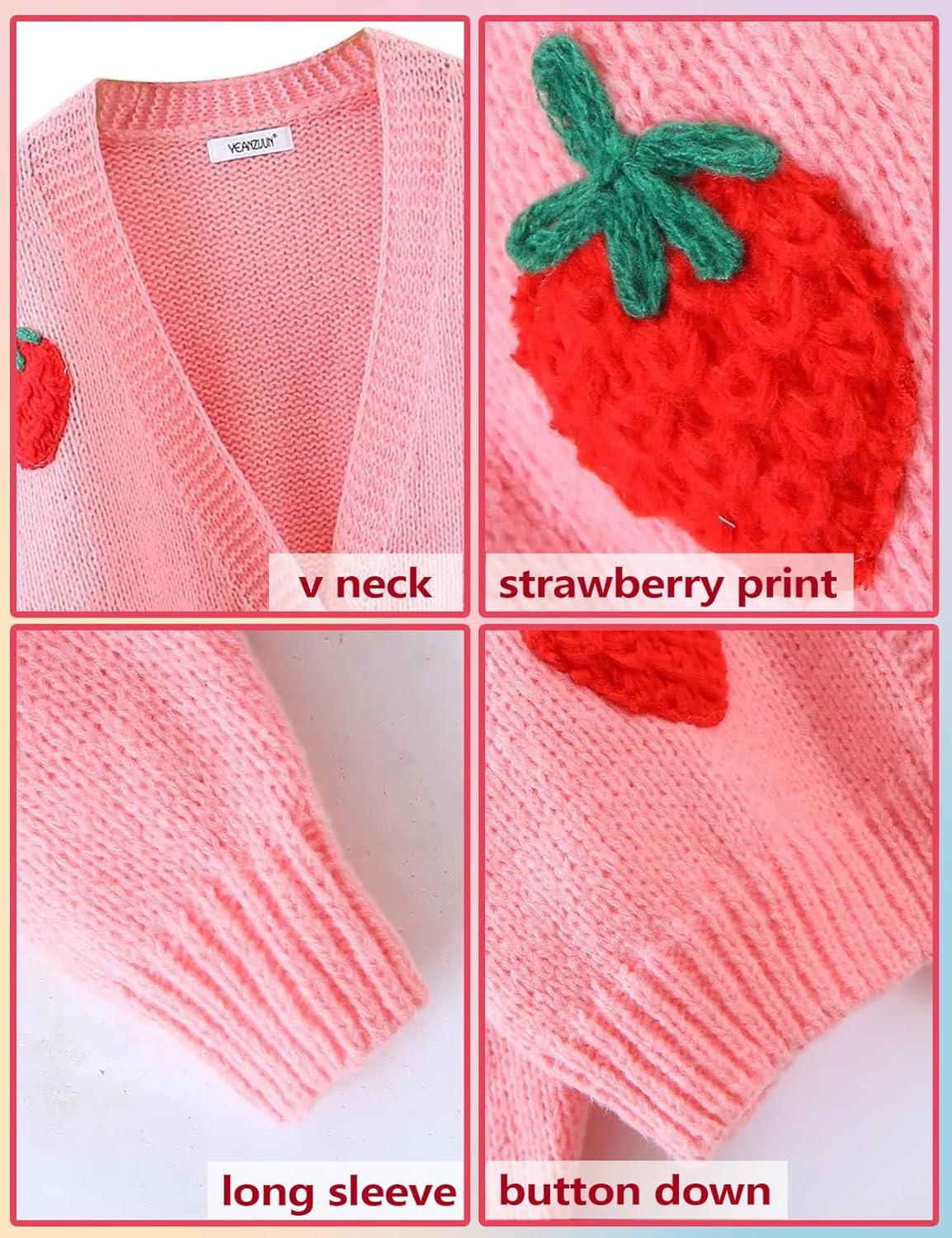 Arssm Women’s Strawberry Embroidery Cardigan Sweater Cute Kawaii Button Down Long Sleeve V Neck Crop Shrug Sweaters(Pink-M)