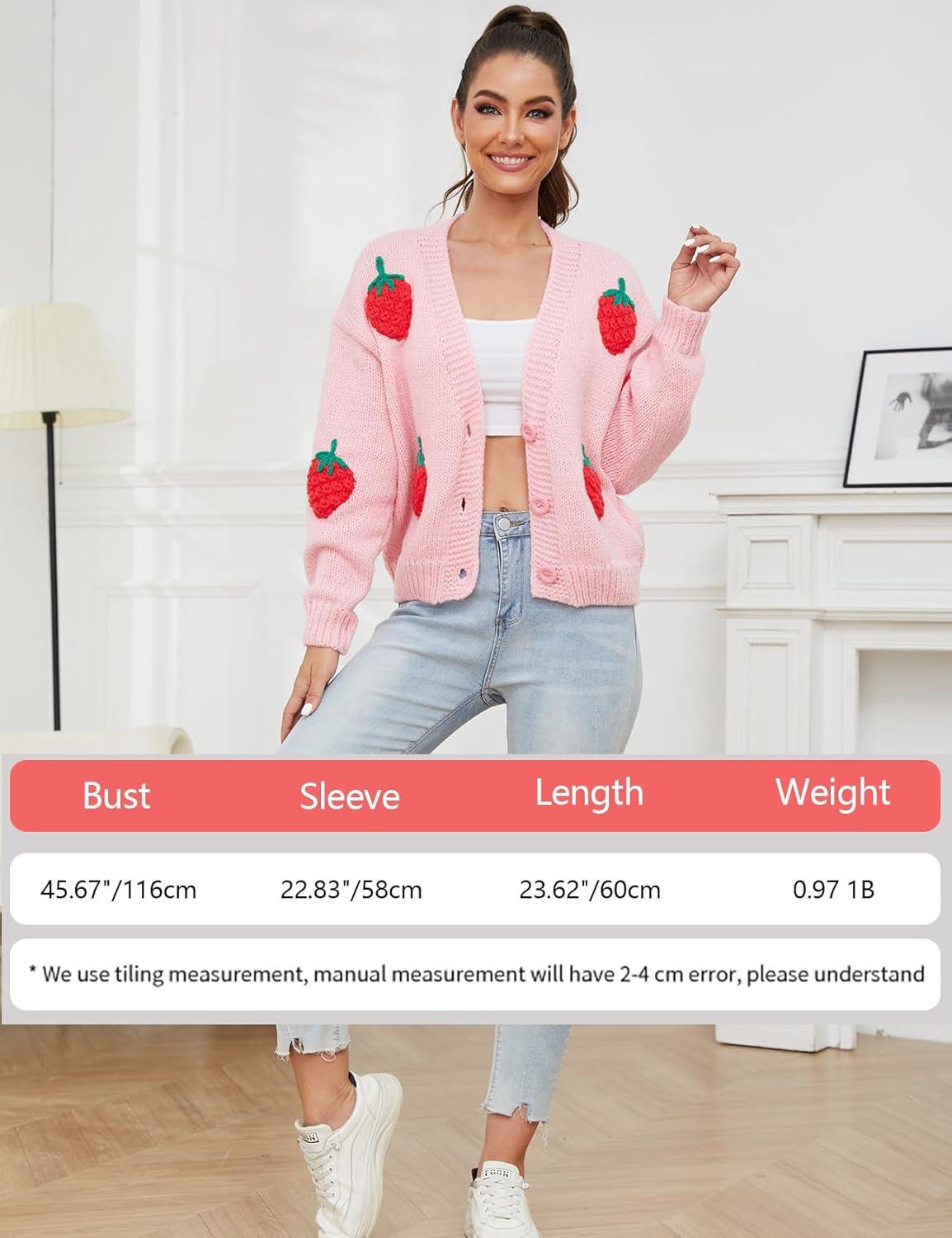 Arssm Women’s Strawberry Embroidery Cardigan Sweater Cute Kawaii Button Down Long Sleeve V Neck Crop Shrug Sweaters(Pink-M)