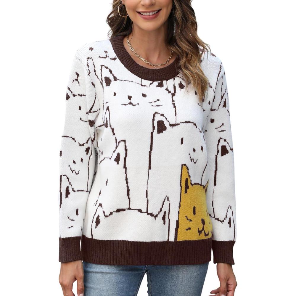 Arssm Womens Cat Sweaters 2024 Long Sleeve Oversized Cute Kawaii Cartoon Crewneck Pullover Knit Sweater Top(Brown)
