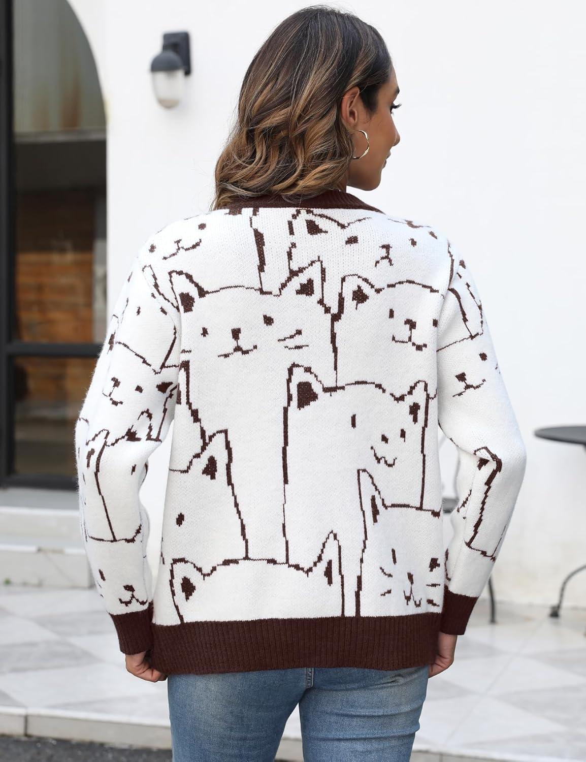 Arssm Womens Cat Sweaters 2024 Long Sleeve Oversized Cute Kawaii Cartoon Crewneck Pullover Knit Sweater Top(Brown)