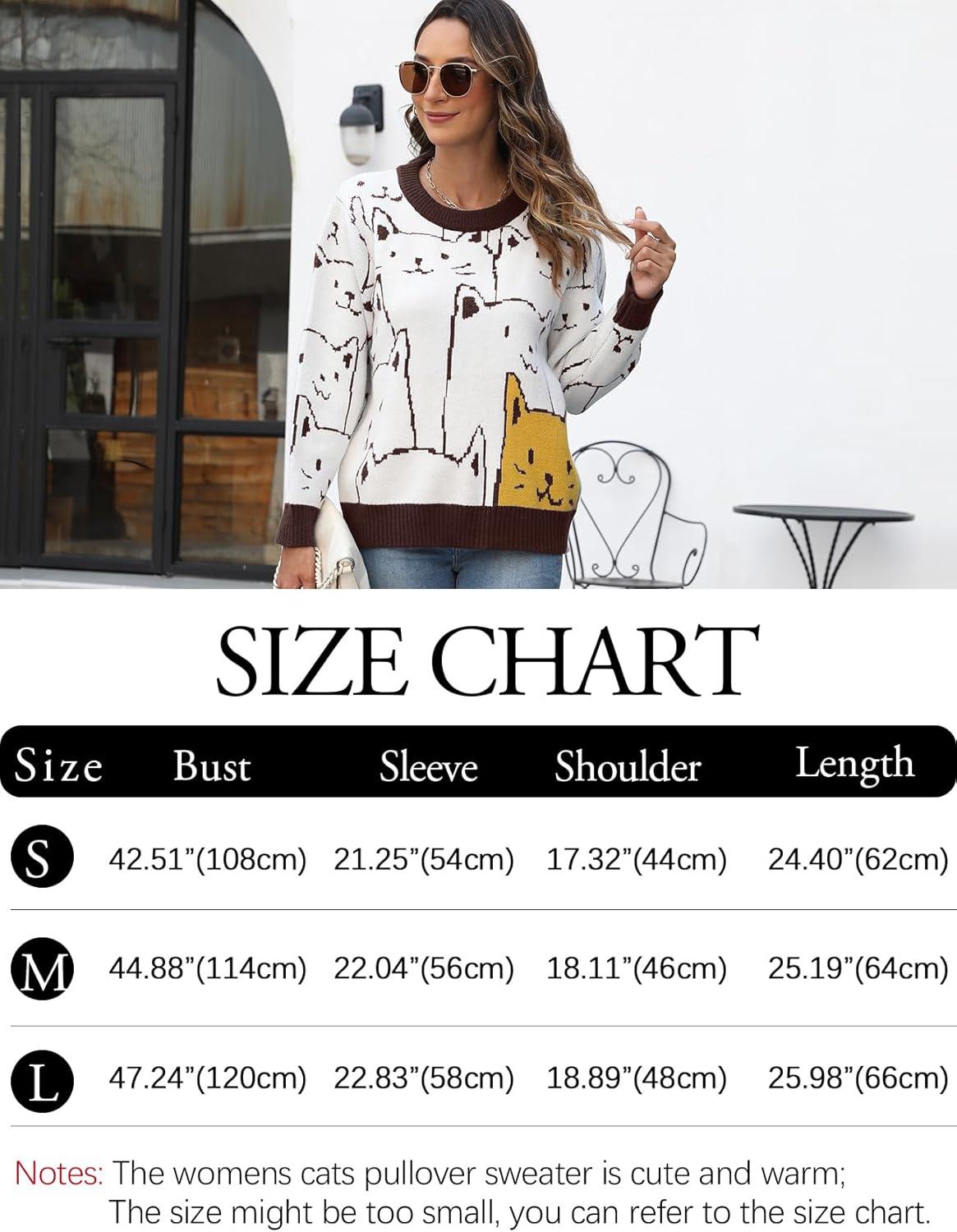 Arssm Womens Cat Sweaters 2024 Long Sleeve Oversized Cute Kawaii Cartoon Crewneck Pullover Knit Sweater Top(Brown)