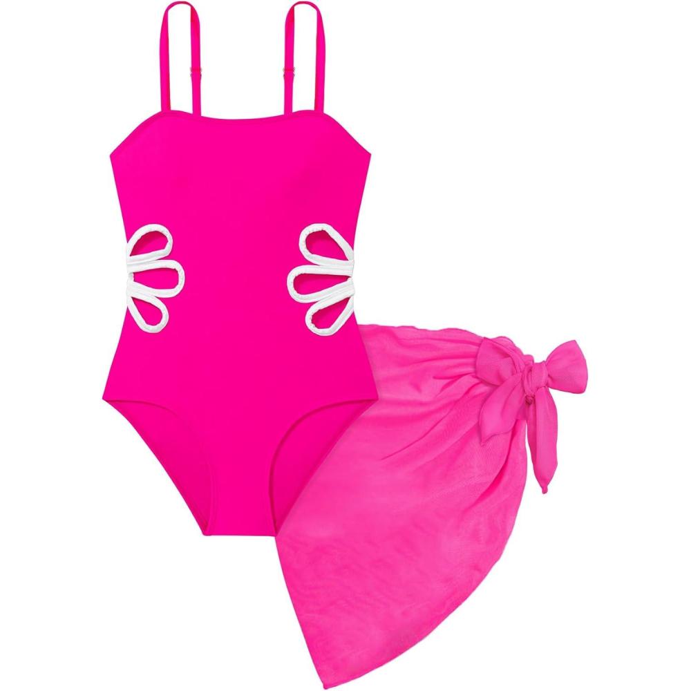 Arssm Girls One Piece Swimsuits Teen Girl Swimsuit Cut Out Bathing Suit with Cover Up Skirt Swimwear 7-16Y(Red)