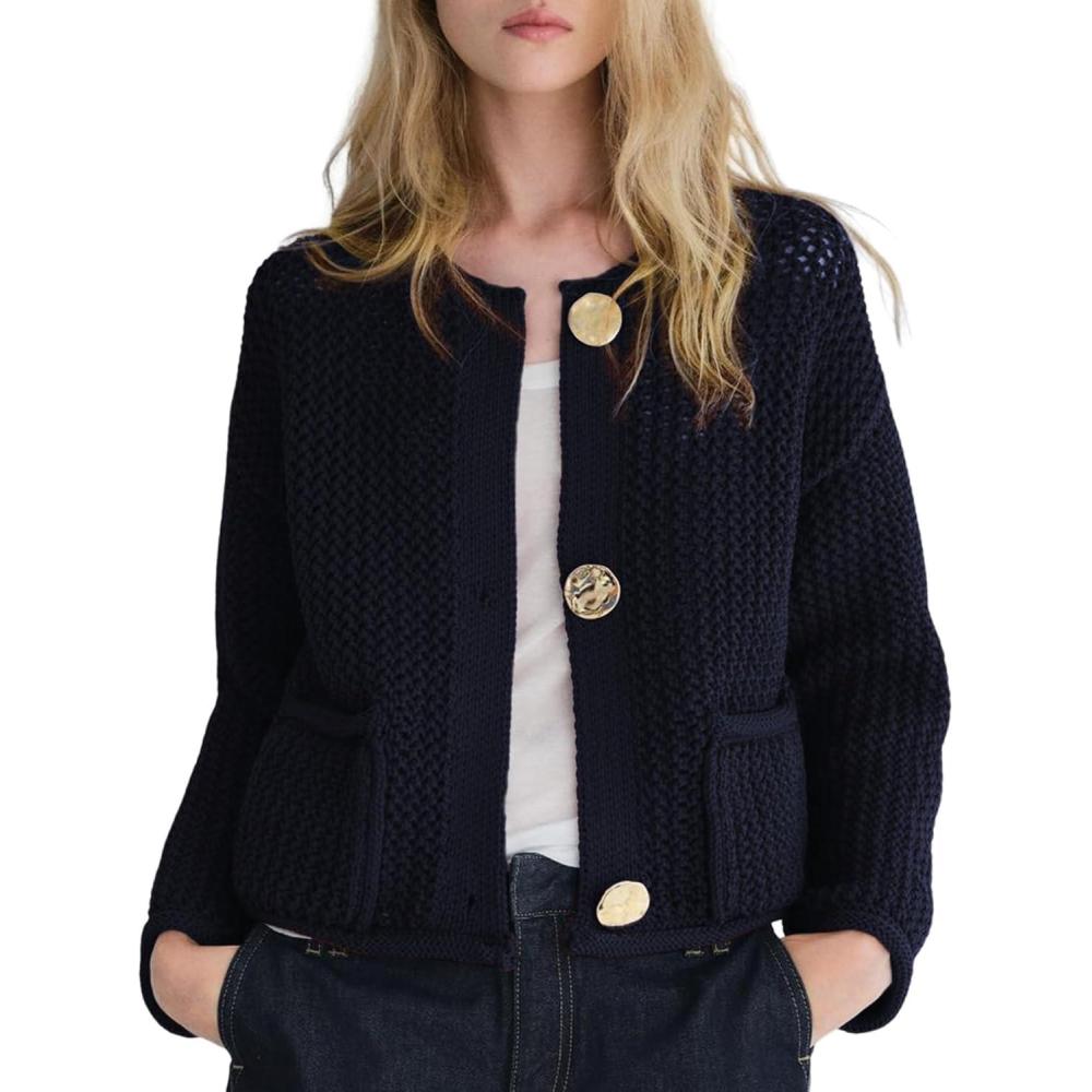 Arssm Womens Cardigan Sweaters 2024 V Neck Long Sleeve Sweater Button Down Knit Sweater Top with Pockets(Navy)