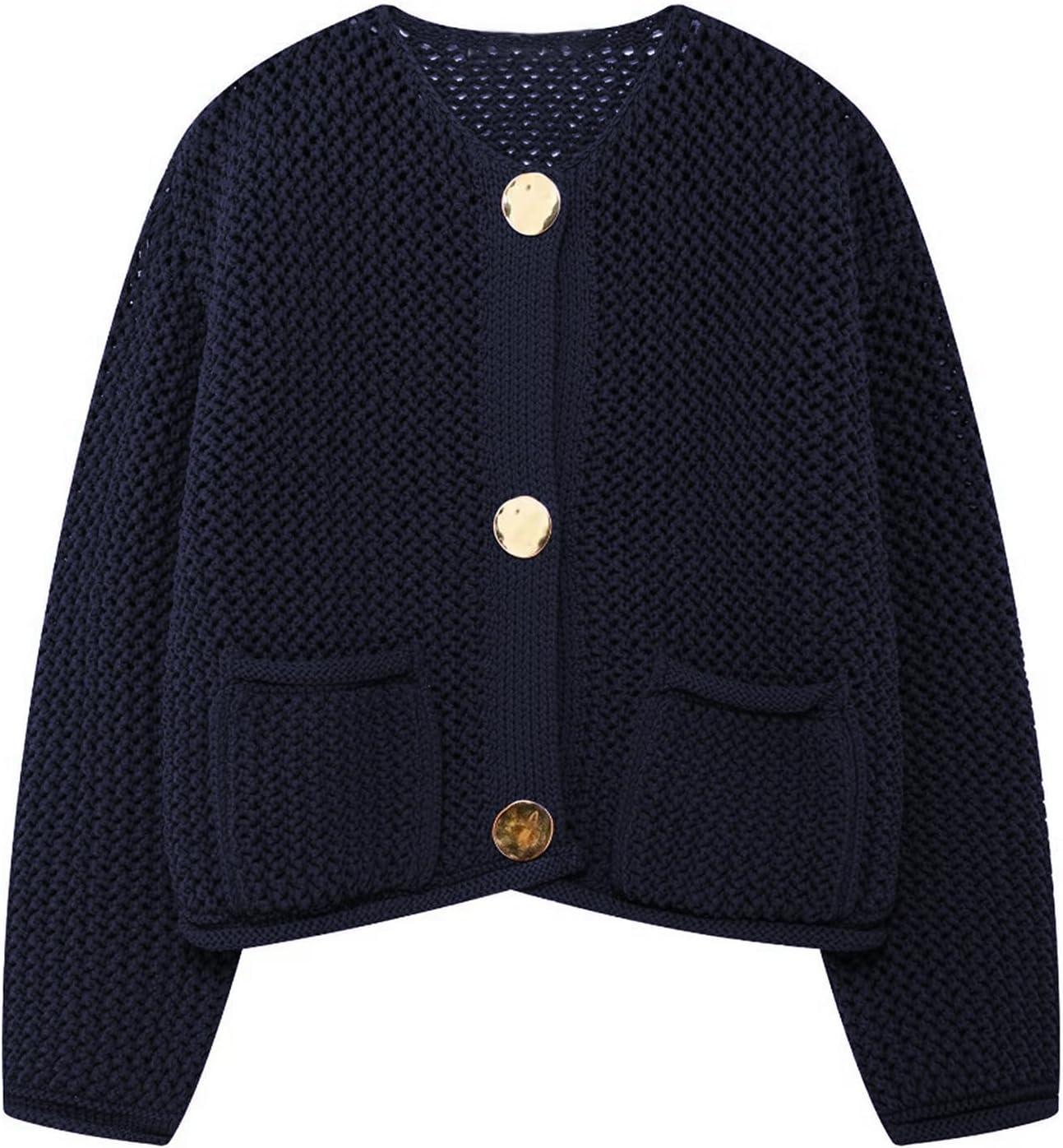 Arssm Womens Cardigan Sweaters 2024 V Neck Long Sleeve Sweater Button Down Knit Sweater Top with Pockets(Navy)