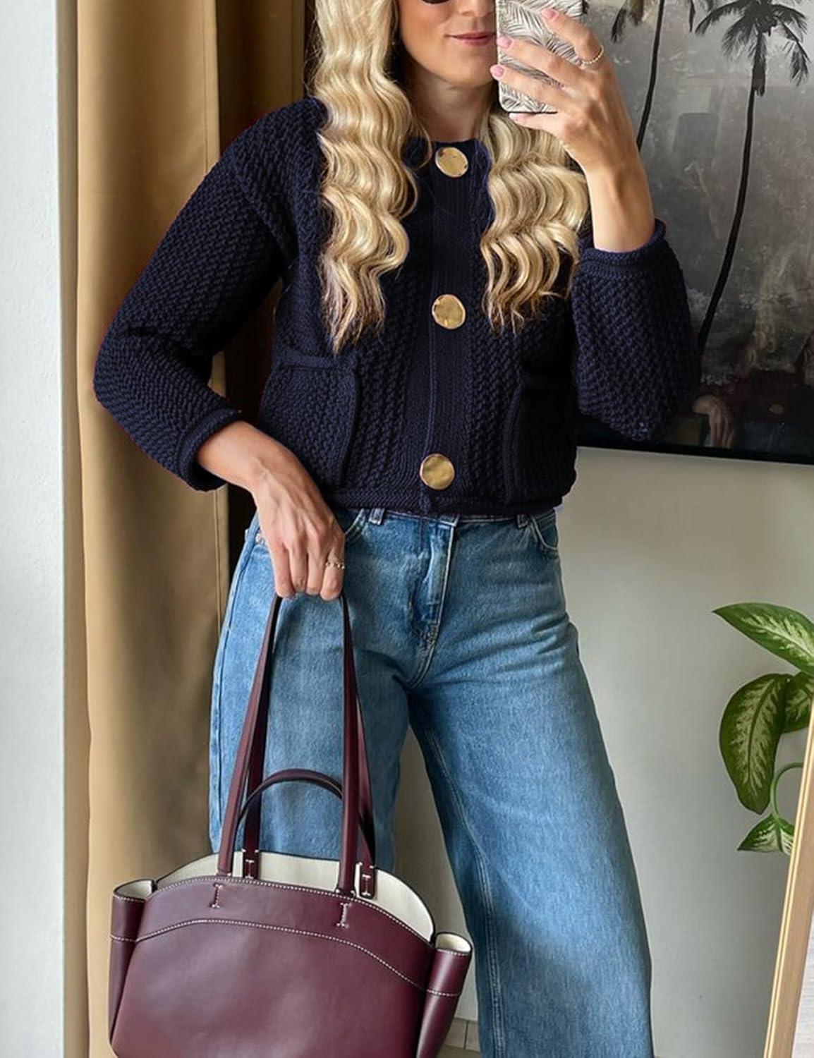 Arssm Womens Cardigan Sweaters 2024 V Neck Long Sleeve Sweater Button Down Knit Sweater Top with Pockets(Navy)