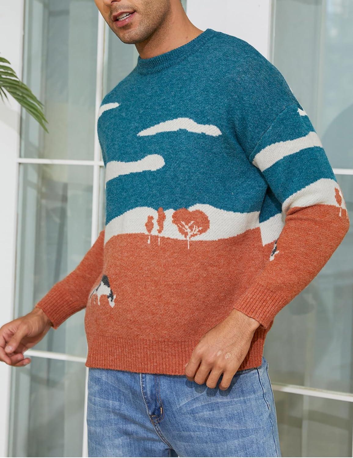 Arssm Mens Vintage Sweater Grandpa y2k Oversized Casual Cable Knit Sweater Pullover Graphic Crewneck Tops(Orange)