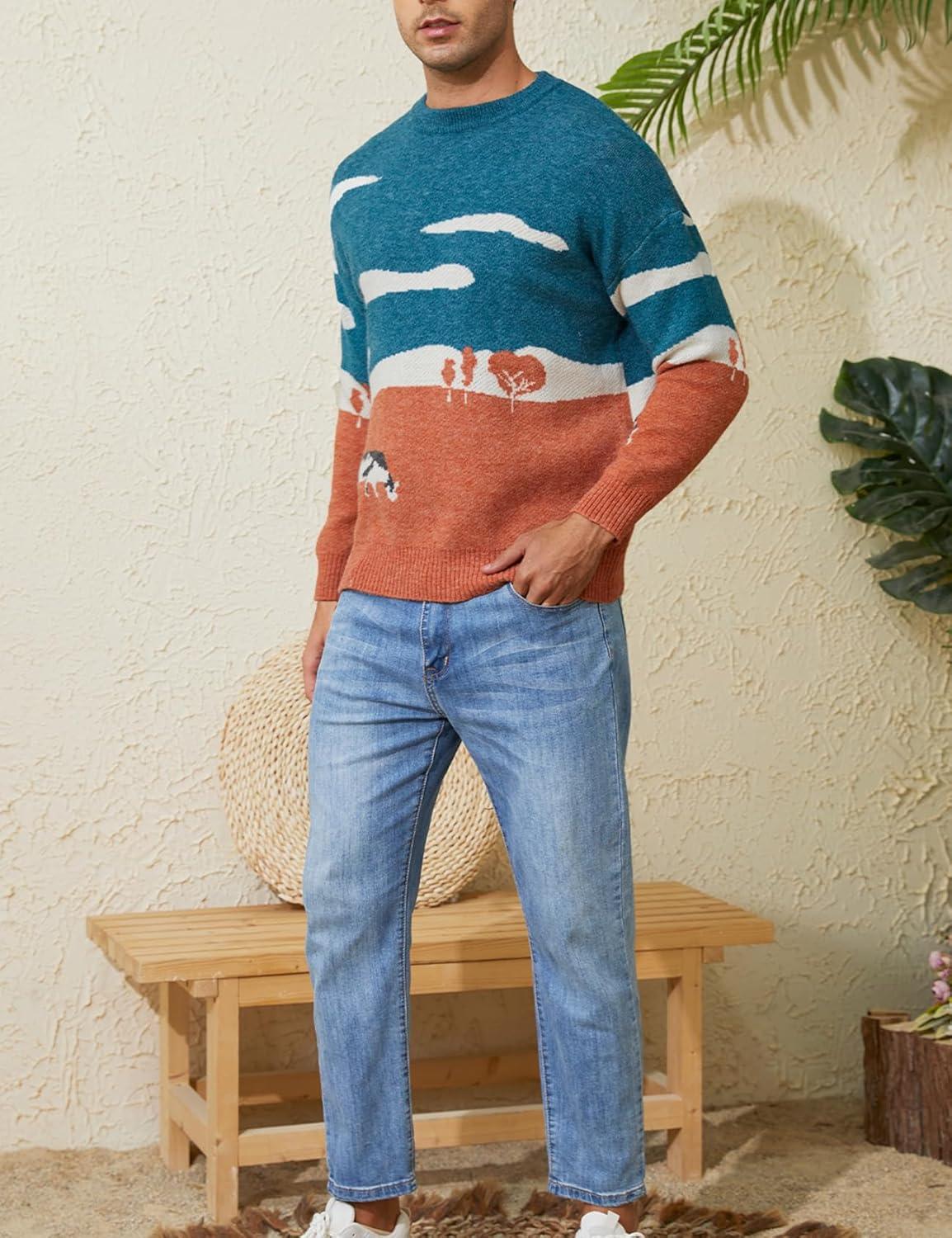 Arssm Mens Vintage Sweater Grandpa y2k Oversized Casual Cable Knit Sweater Pullover Graphic Crewneck Tops(Orange)