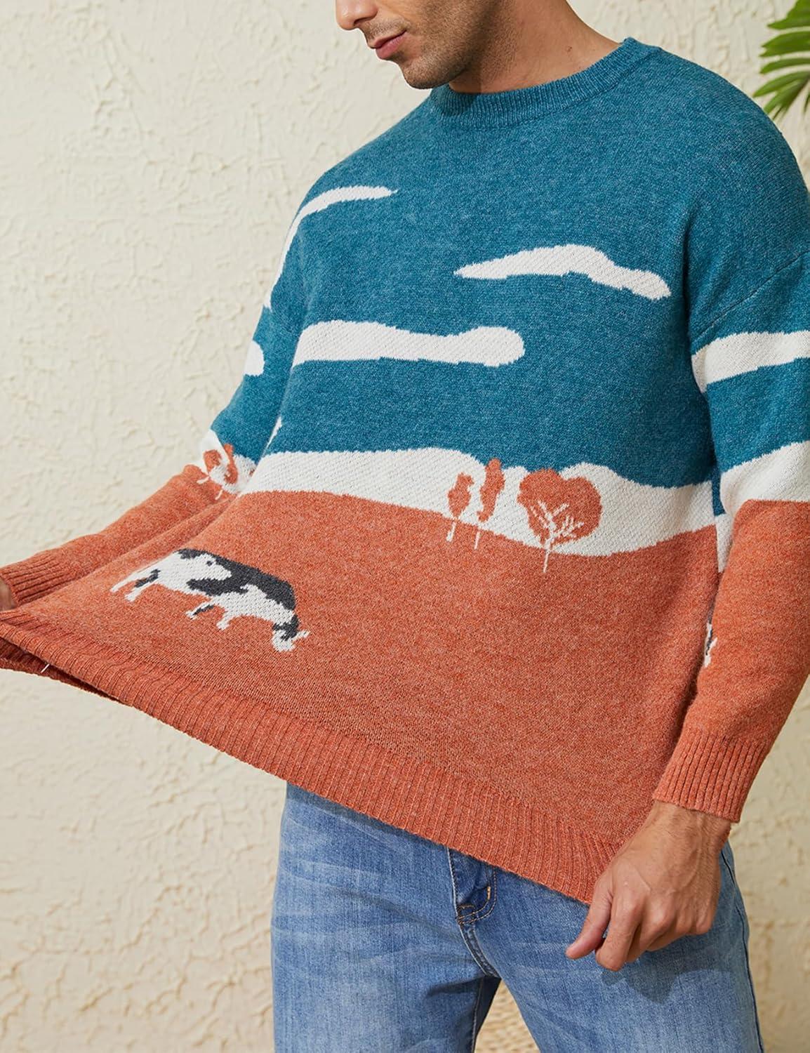 Arssm Mens Vintage Sweater Grandpa y2k Oversized Casual Cable Knit Sweater Pullover Graphic Crewneck Tops(Orange)
