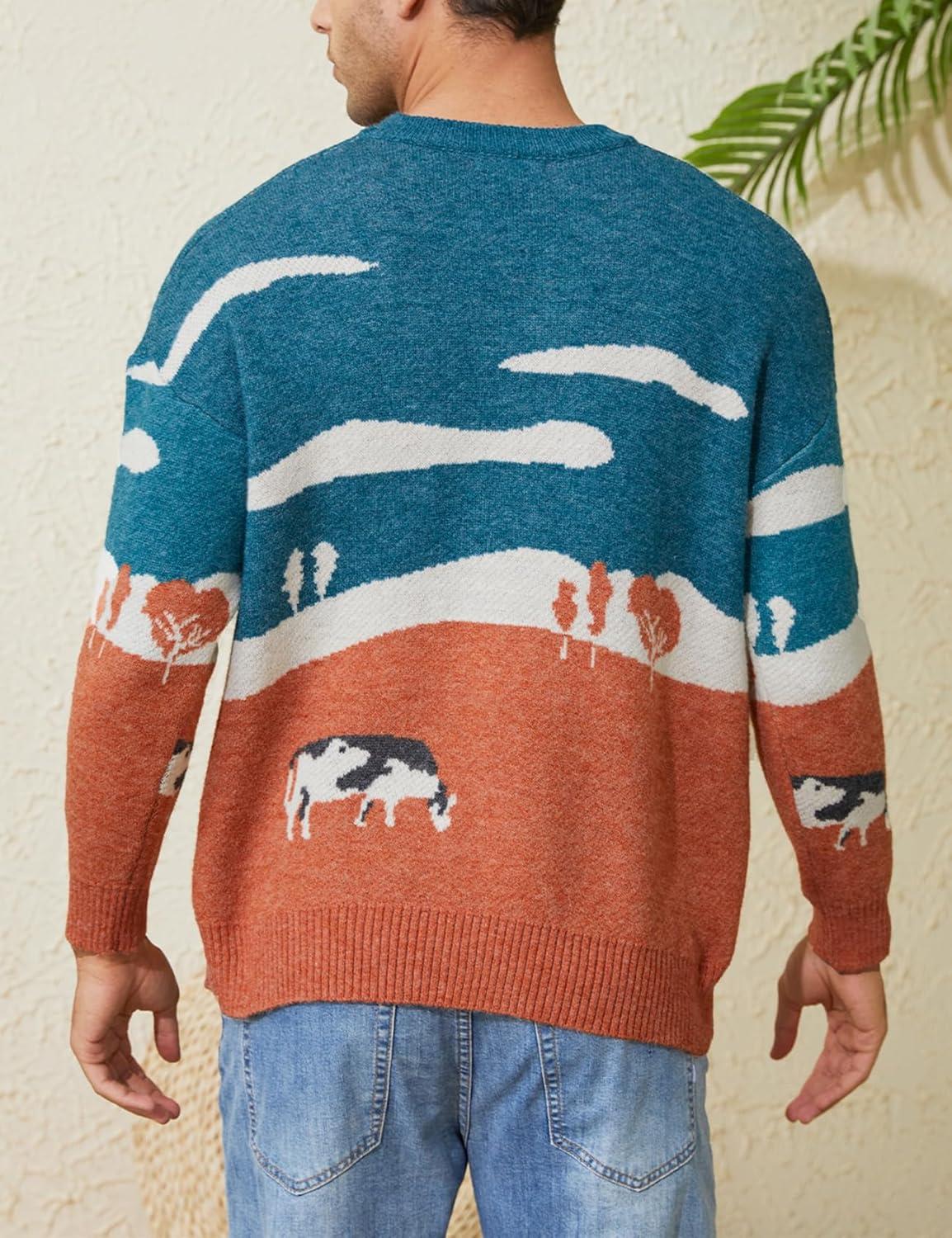 Arssm Mens Vintage Sweater Grandpa y2k Oversized Casual Cable Knit Sweater Pullover Graphic Crewneck Tops(Orange)