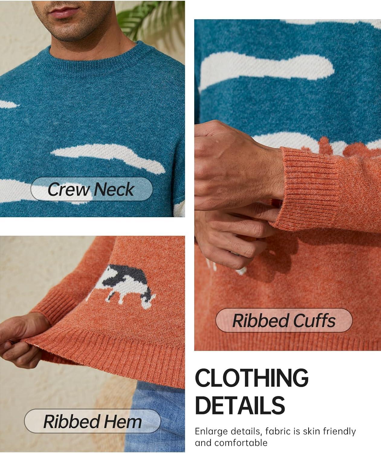Arssm Mens Vintage Sweater Grandpa y2k Oversized Casual Cable Knit Sweater Pullover Graphic Crewneck Tops(Orange)