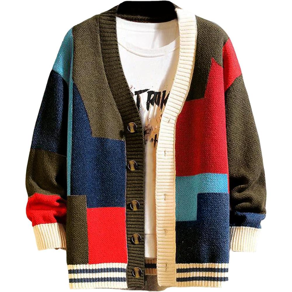 Arssm Mens Cardigan Sweater Knitted Long Sleeve V Neck Button Down Sweaters Casual Cardigans((Red)