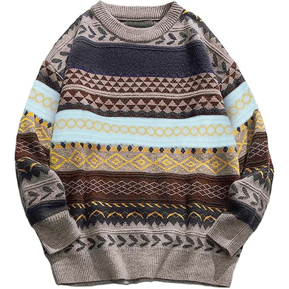 Arssm Mens Vintage Sweater Grandpa Oversized Cable Knit Crewneck Pullovers Casual Long Sleeve Striped Sweater(Grey)