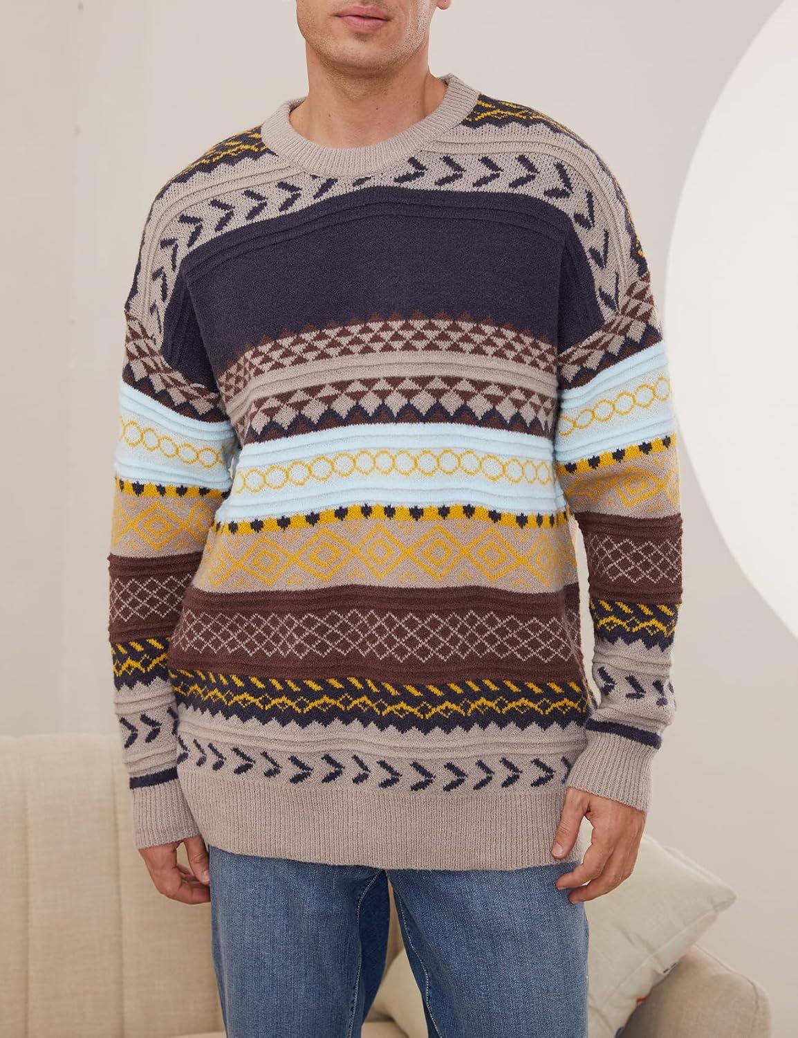 Arssm Mens Vintage Sweater Grandpa Oversized Cable Knit Crewneck Pullovers Casual Long Sleeve Striped Sweater(Grey)