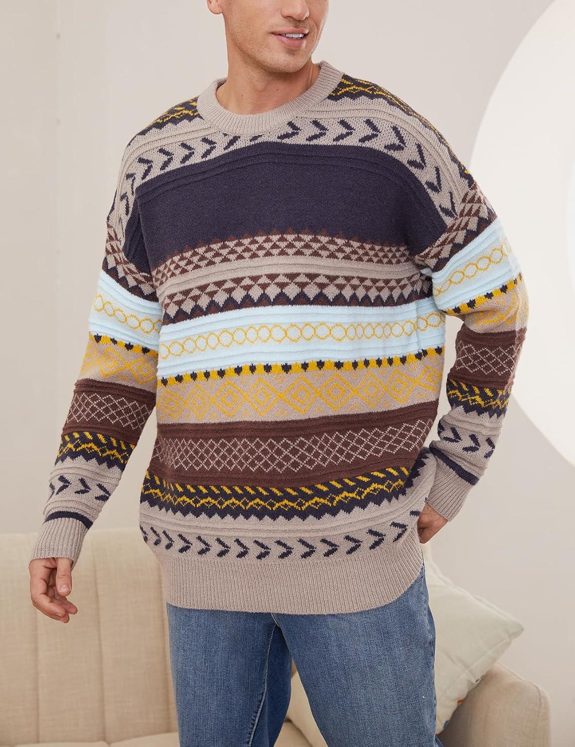 Arssm Mens Vintage Sweater Grandpa Oversized Cable Knit Crewneck Pullovers Casual Long Sleeve Striped Sweater(Grey)