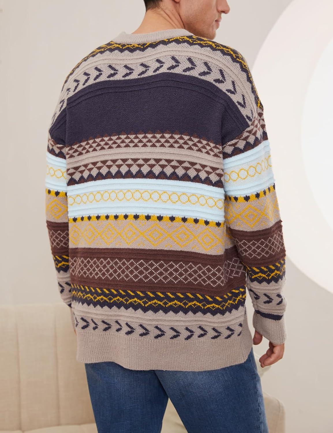 Arssm Mens Vintage Sweater Grandpa Oversized Cable Knit Crewneck Pullovers Casual Long Sleeve Striped Sweater(Grey)