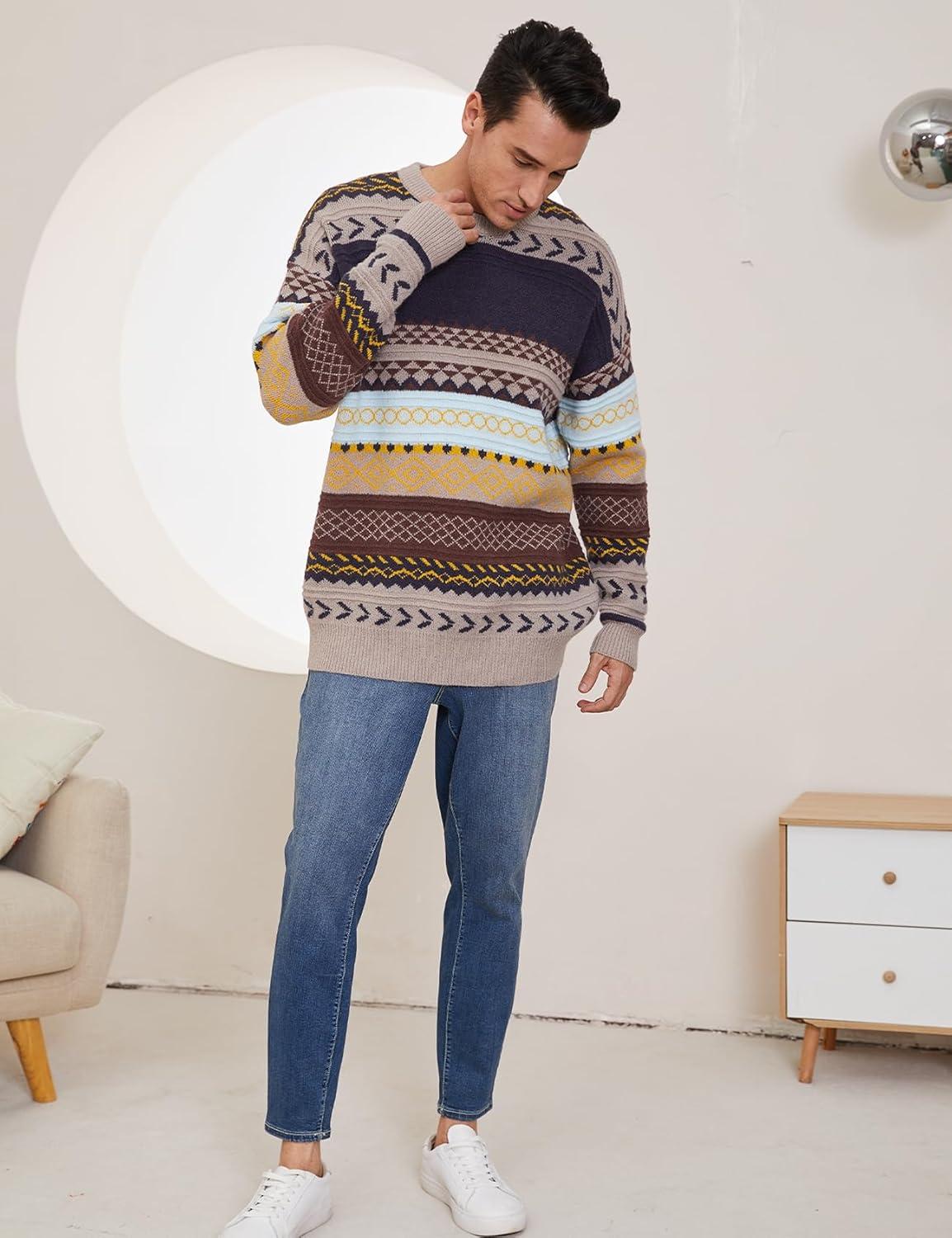 Arssm Mens Vintage Sweater Grandpa Oversized Cable Knit Crewneck Pullovers Casual Long Sleeve Striped Sweater(Grey)