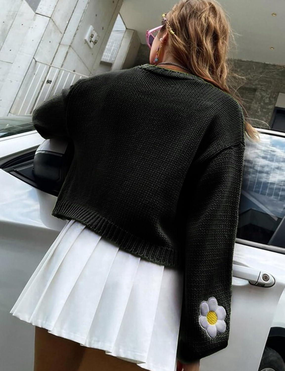 Arssm Y2K Womens Flower Cardigan Sweater Long Sleeve Knit Cropped Cardigan Open Front Cute Shrug Fall Sweater 90s Outfits(Black)
