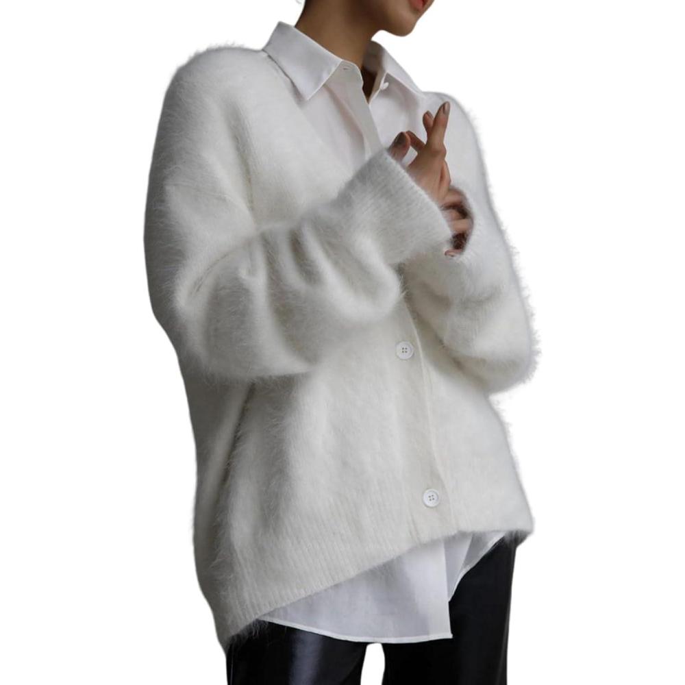 Arssm Womens Fuzzy Cardigan Sweater V Neck Cardigans Button Down Fluffy Knit Top Fashion 2026 Knitwear(White)