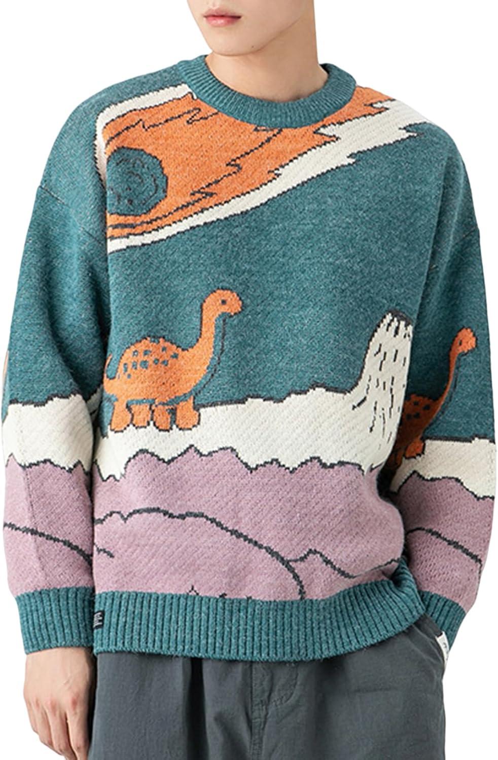 Arssm Mens Oversized Dinosaur Knit Pullover Sweater Fashion Cartoon Unisex Sweater Long Sleeve Crewneck Vintage Tops(Blue)