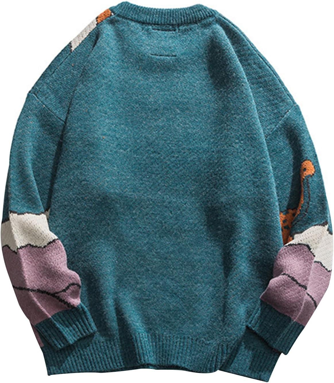 Arssm Mens Oversized Dinosaur Knit Pullover Sweater Fashion Cartoon Unisex Sweater Long Sleeve Crewneck Vintage Tops(Blue)