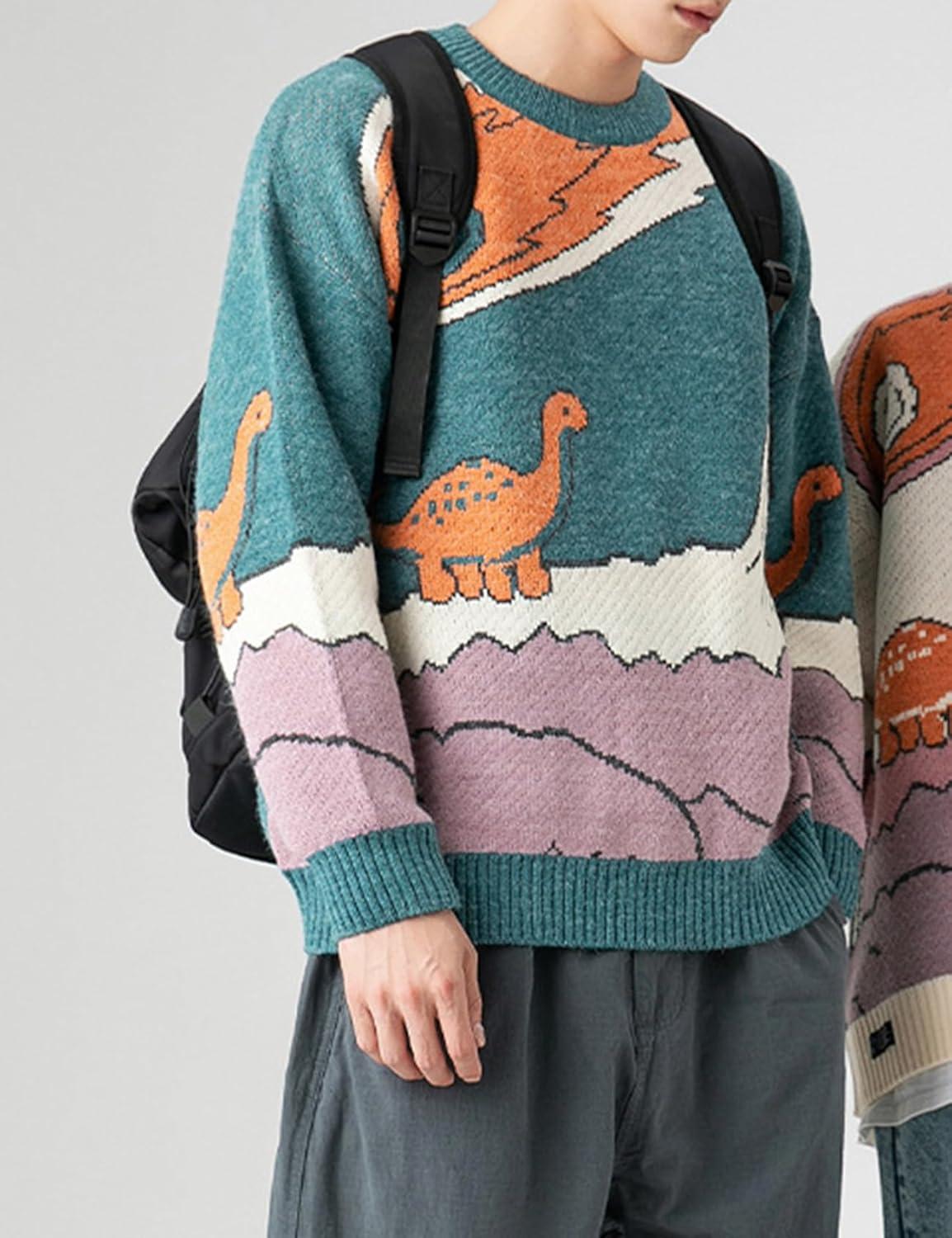 Arssm Mens Oversized Dinosaur Knit Pullover Sweater Fashion Cartoon Unisex Sweater Long Sleeve Crewneck Vintage Tops(Blue)