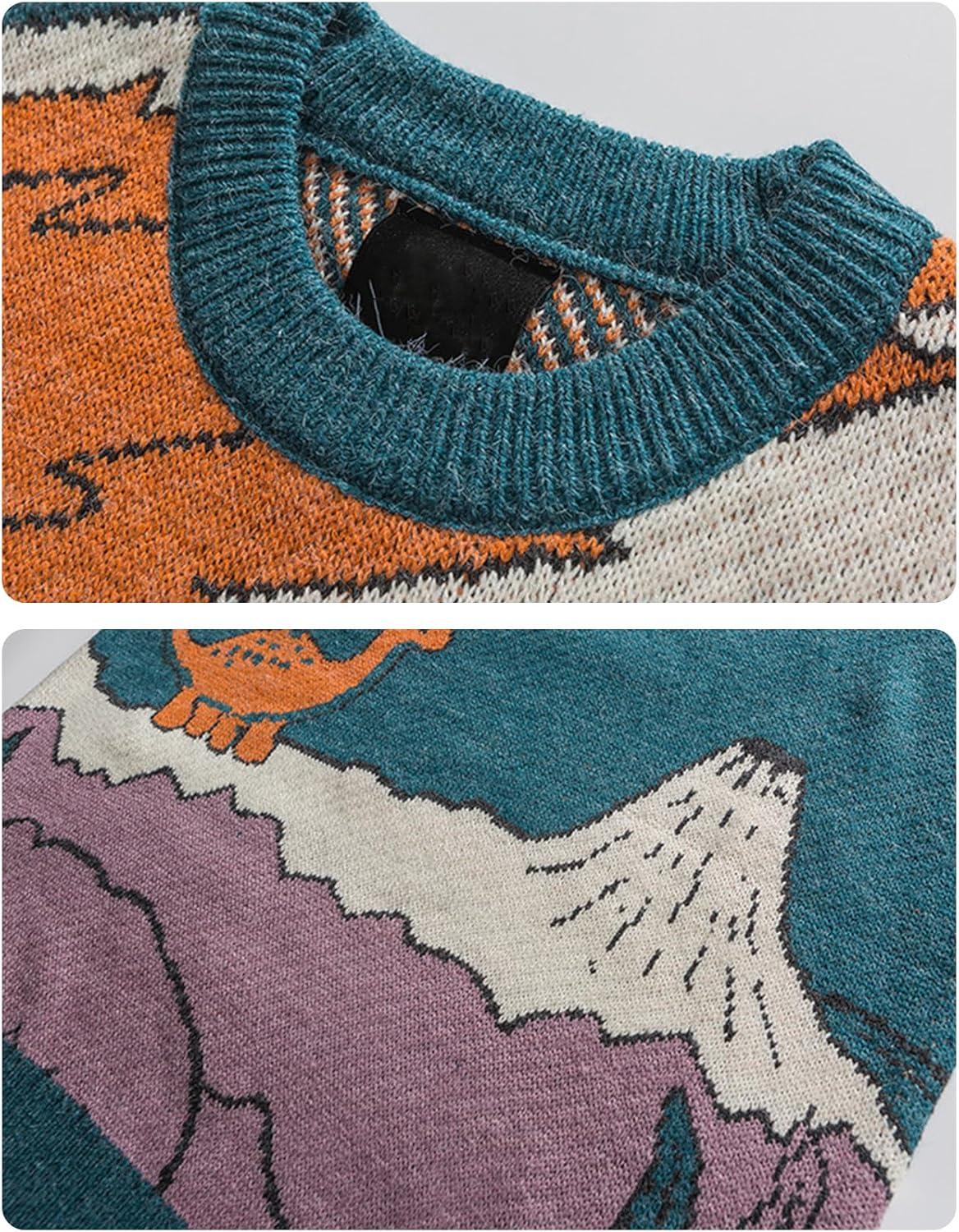 Arssm Mens Oversized Dinosaur Knit Pullover Sweater Fashion Cartoon Unisex Sweater Long Sleeve Crewneck Vintage Tops(Blue)