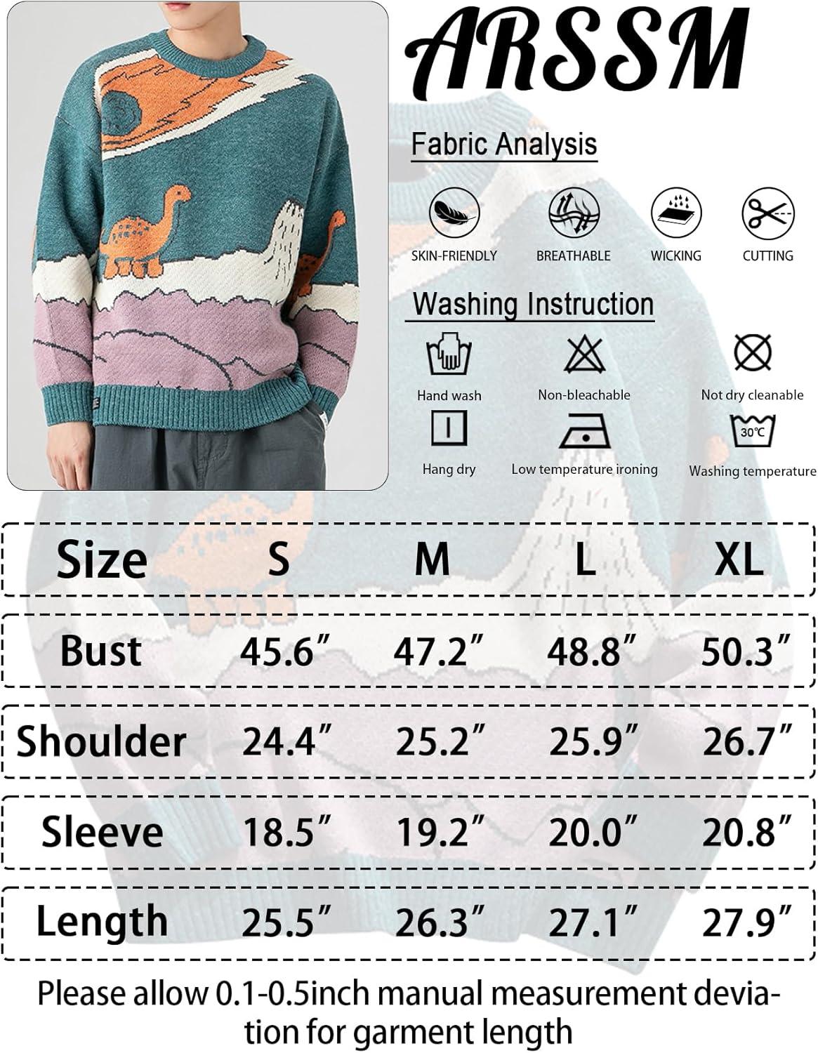 Arssm Mens Oversized Dinosaur Knit Pullover Sweater Fashion Cartoon Unisex Sweater Long Sleeve Crewneck Vintage Tops(Blue)