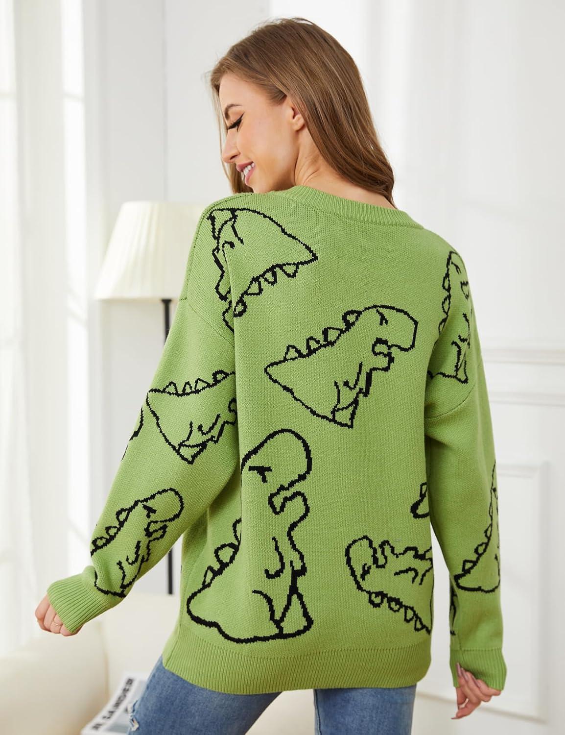 Arssm Dinosaur Sweater Women y2k Vintage Oversized Graphic Streetwear Knit Sweater Casual Cute Kawaii Tops(Green)
