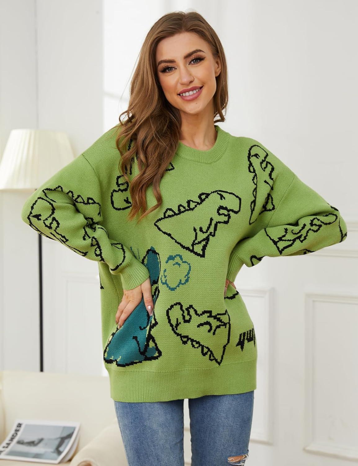 Arssm Dinosaur Sweater Women y2k Vintage Oversized Graphic Streetwear Knit Sweater Casual Cute Kawaii Tops(Green)