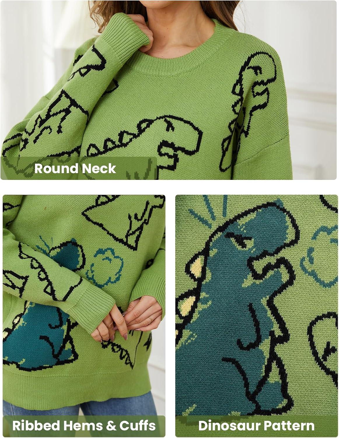 Arssm Dinosaur Sweater Women y2k Vintage Oversized Graphic Streetwear Knit Sweater Casual Cute Kawaii Tops(Green)