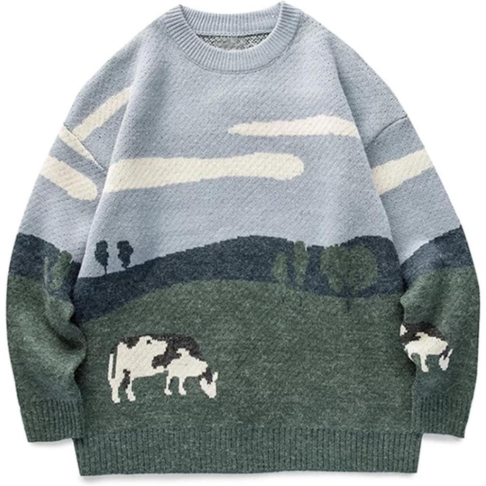 Arssm Mens Vintage Sweater Grandpa y2k Oversized Casual Cable Knit Sweater Pullover Graphic Crewneck Tops(Grey)