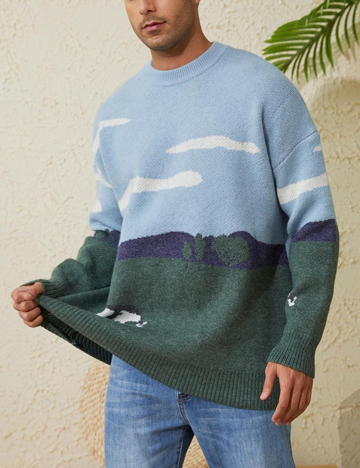 Arssm Mens Vintage Sweater Grandpa y2k Oversized Casual Cable Knit Sweater Pullover Graphic Crewneck Tops(Grey)
