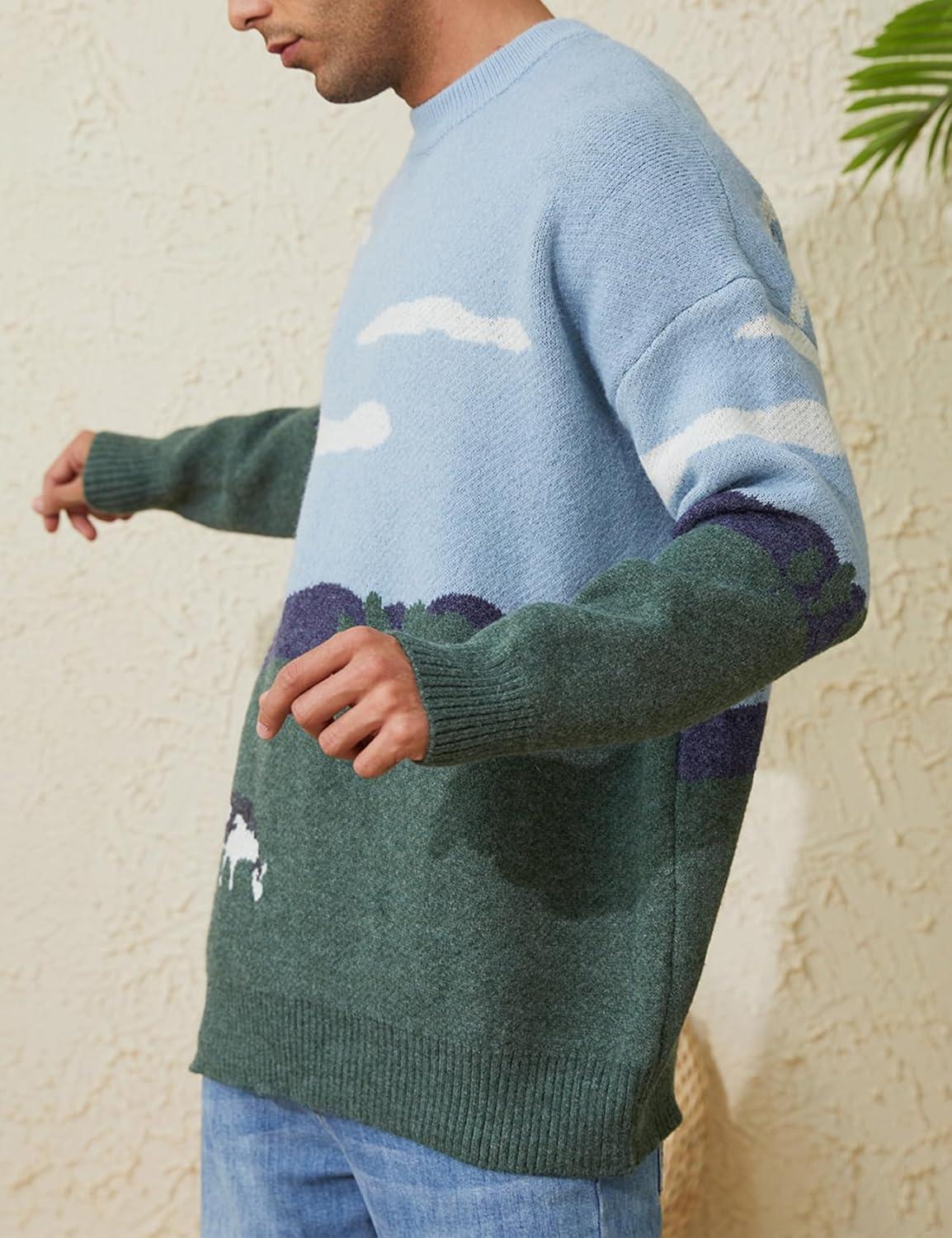 Arssm Mens Vintage Sweater Grandpa y2k Oversized Casual Cable Knit Sweater Pullover Graphic Crewneck Tops(Grey)