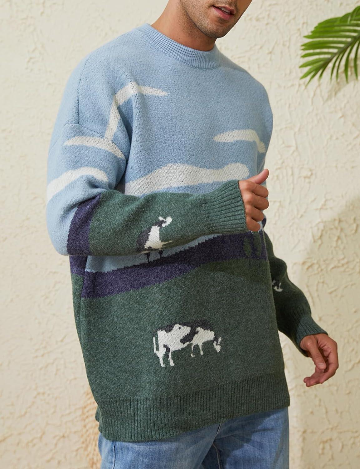 Arssm Mens Vintage Sweater Grandpa y2k Oversized Casual Cable Knit Sweater Pullover Graphic Crewneck Tops(Grey)