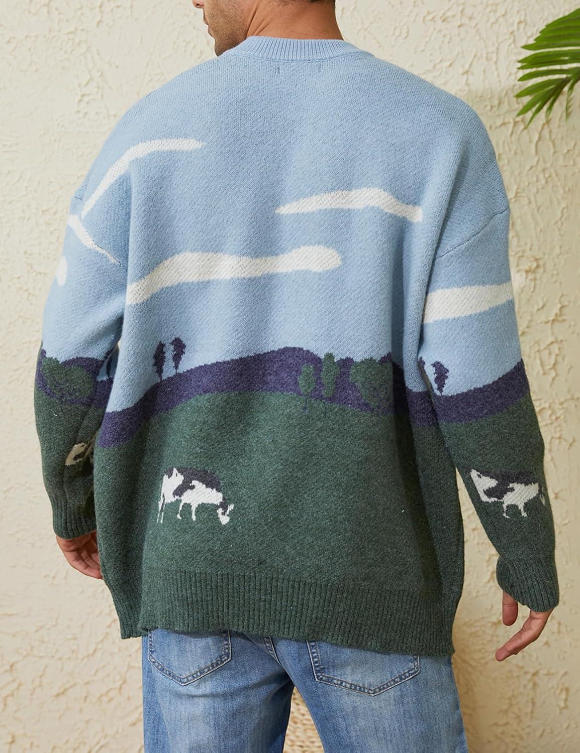 Arssm Mens Vintage Sweater Grandpa y2k Oversized Casual Cable Knit Sweater Pullover Graphic Crewneck Tops(Grey)