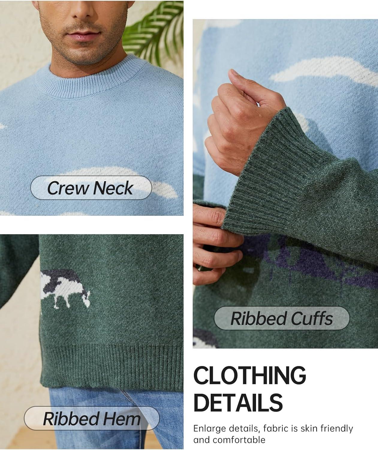 Arssm Mens Vintage Sweater Grandpa y2k Oversized Casual Cable Knit Sweater Pullover Graphic Crewneck Tops(Grey)