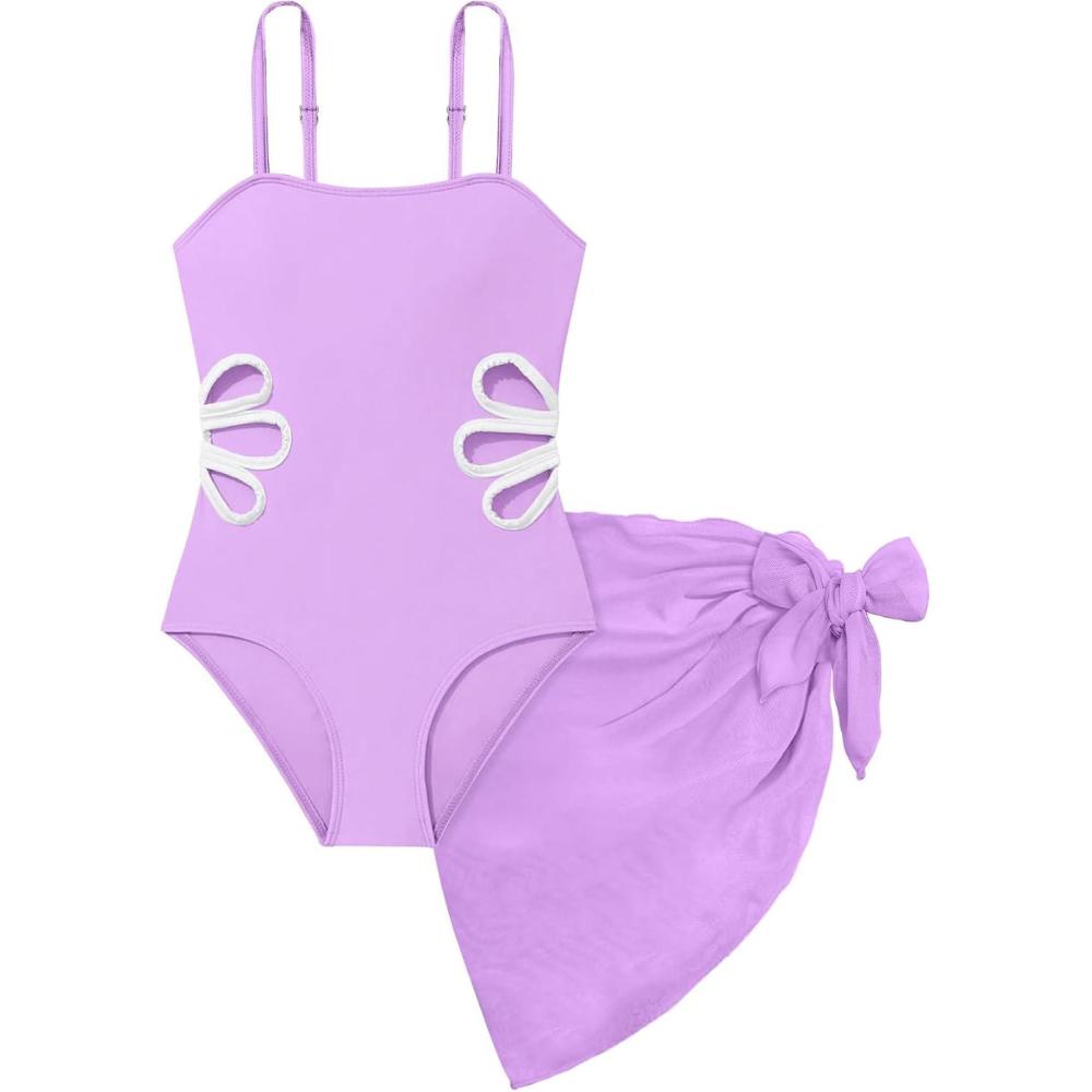 Arssm Girls One Piece Swimsuits Teen Girl Swimsuit Cut Out Bathing Suit with Cover Up Skirt Swimwear 7-16Y(Purple)