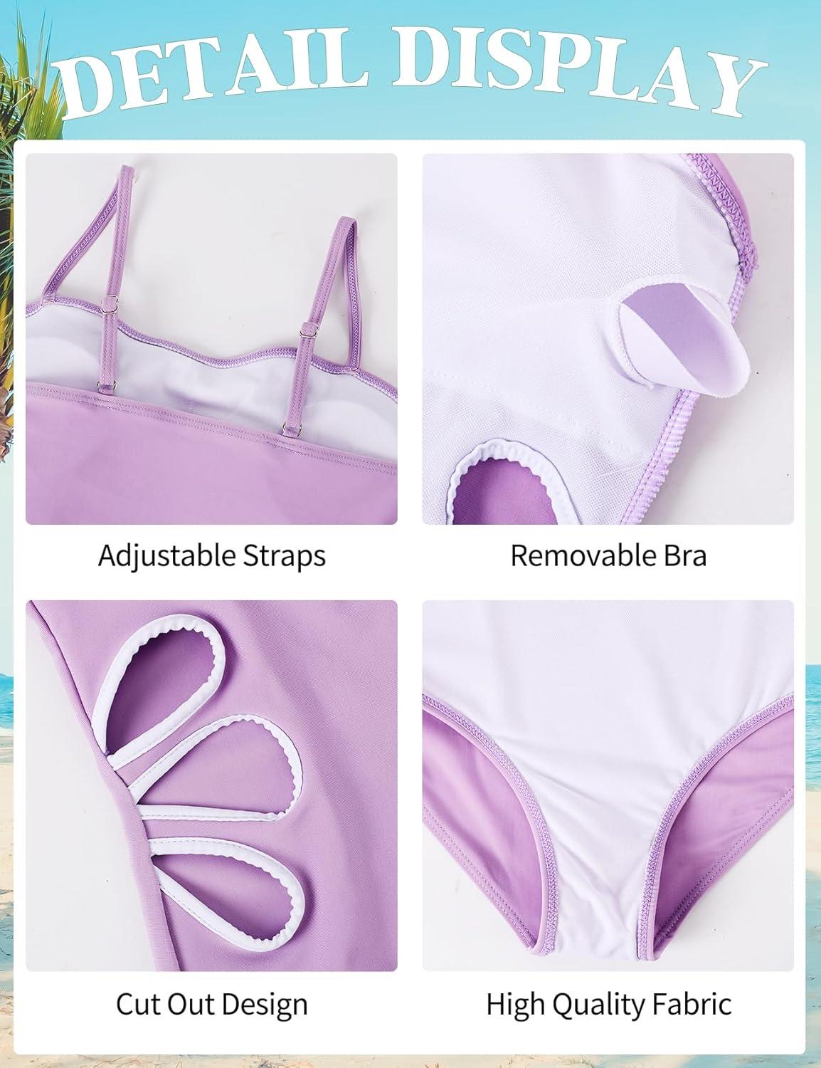 Arssm Girls One Piece Swimsuits Teen Girl Swimsuit Cut Out Bathing Suit with Cover Up Skirt Swimwear 7-16Y(Purple)