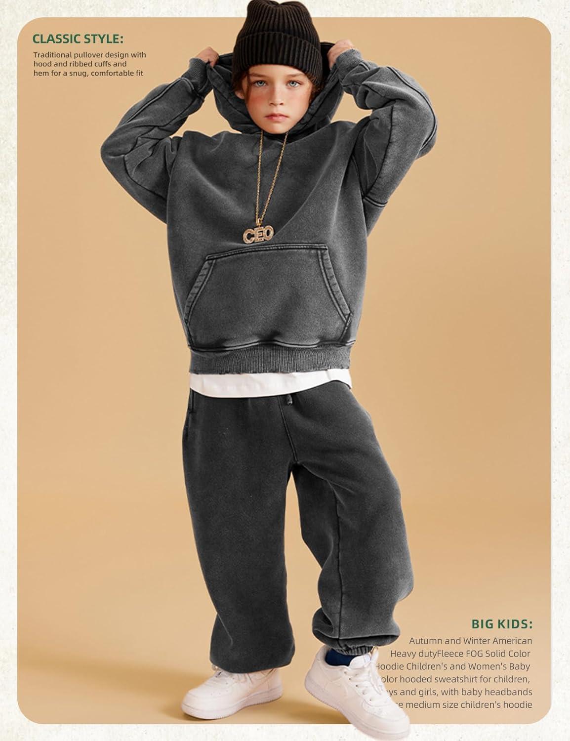 Arssm Boys Girls Fleece Lined Hoodie Kids Warm Winter Cotton Acid Washed Vintage Pullover Hooded Sweatshirt(Darkgrey)
