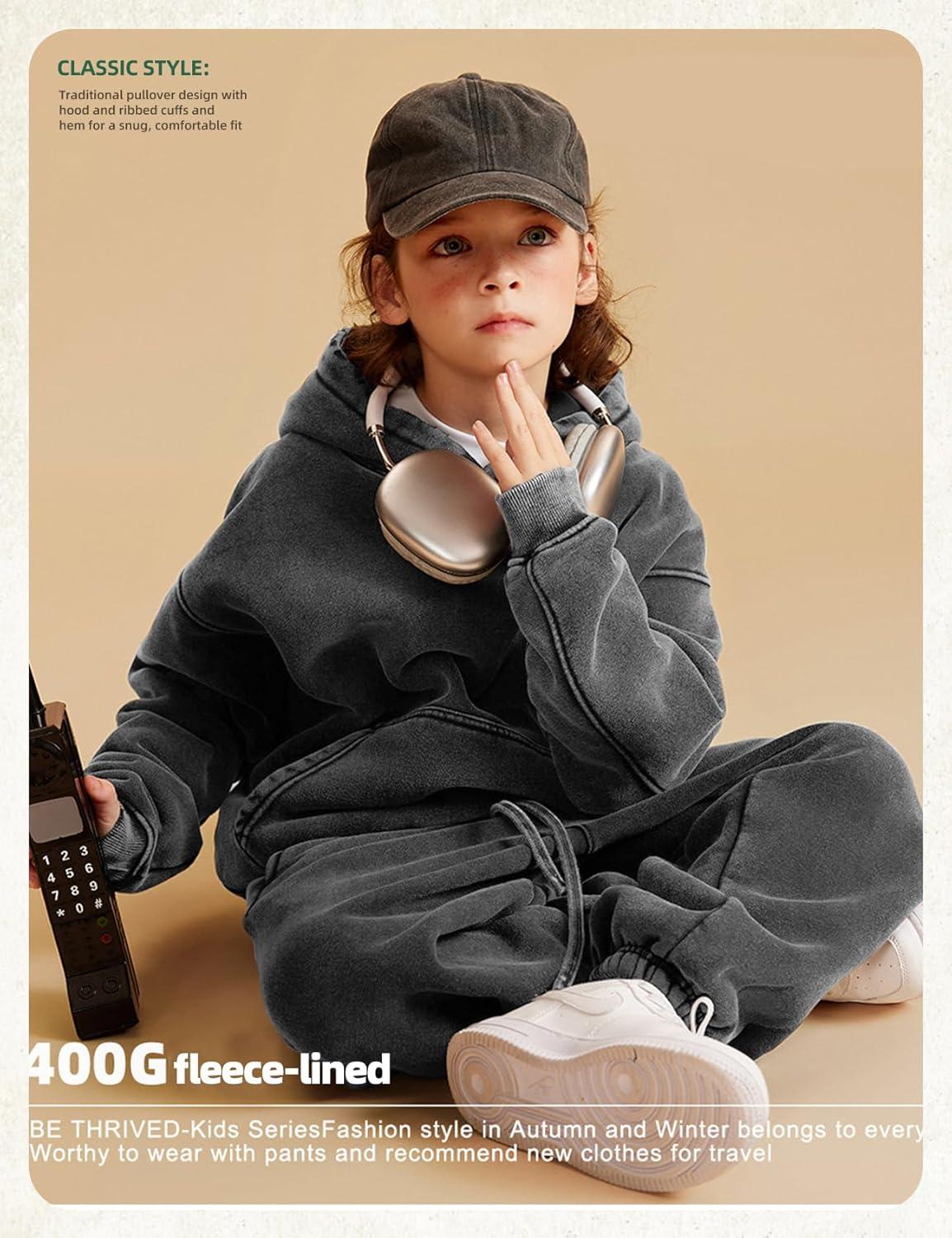 Arssm Boys Girls Fleece Lined Hoodie Kids Warm Winter Cotton Acid Washed Vintage Pullover Hooded Sweatshirt(Darkgrey)