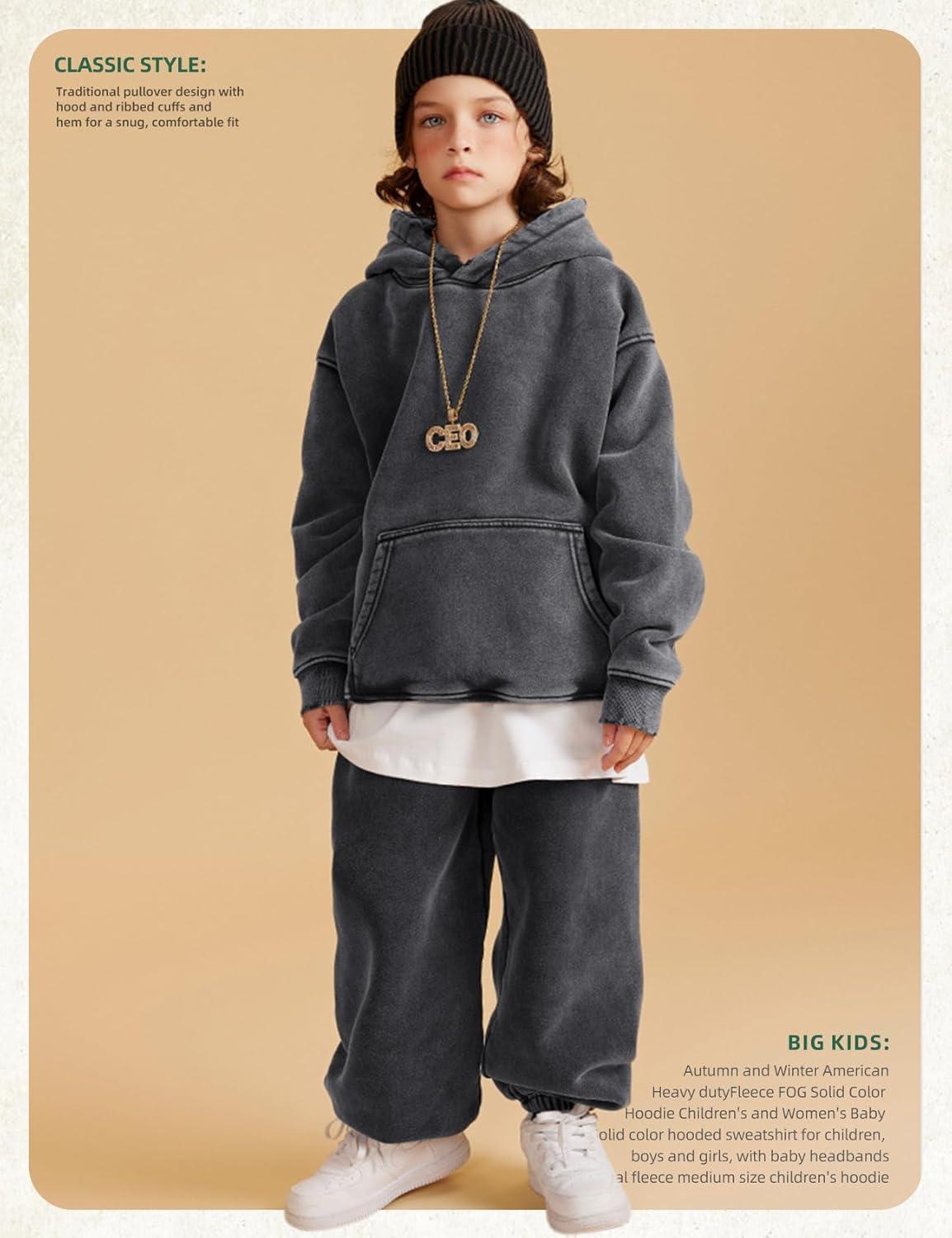 Arssm Boys Girls Fleece Lined Hoodie Kids Warm Winter Cotton Acid Washed Vintage Pullover Hooded Sweatshirt(Darkgrey)