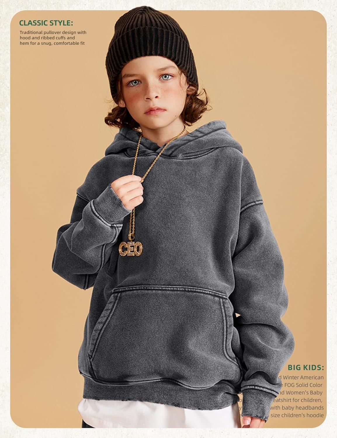 Arssm Boys Girls Fleece Lined Hoodie Kids Warm Winter Cotton Acid Washed Vintage Pullover Hooded Sweatshirt(Darkgrey)