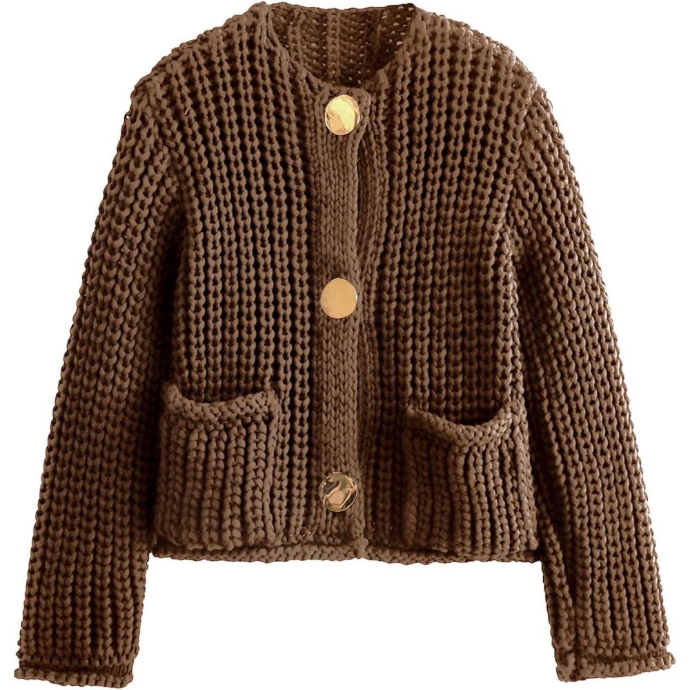 Arssm Womens Cropped Cardigan Sweaters Chunky Open Front Button Down Knit Sweater Long Sleeve Loose Cardigan Outerwear(Brown)
